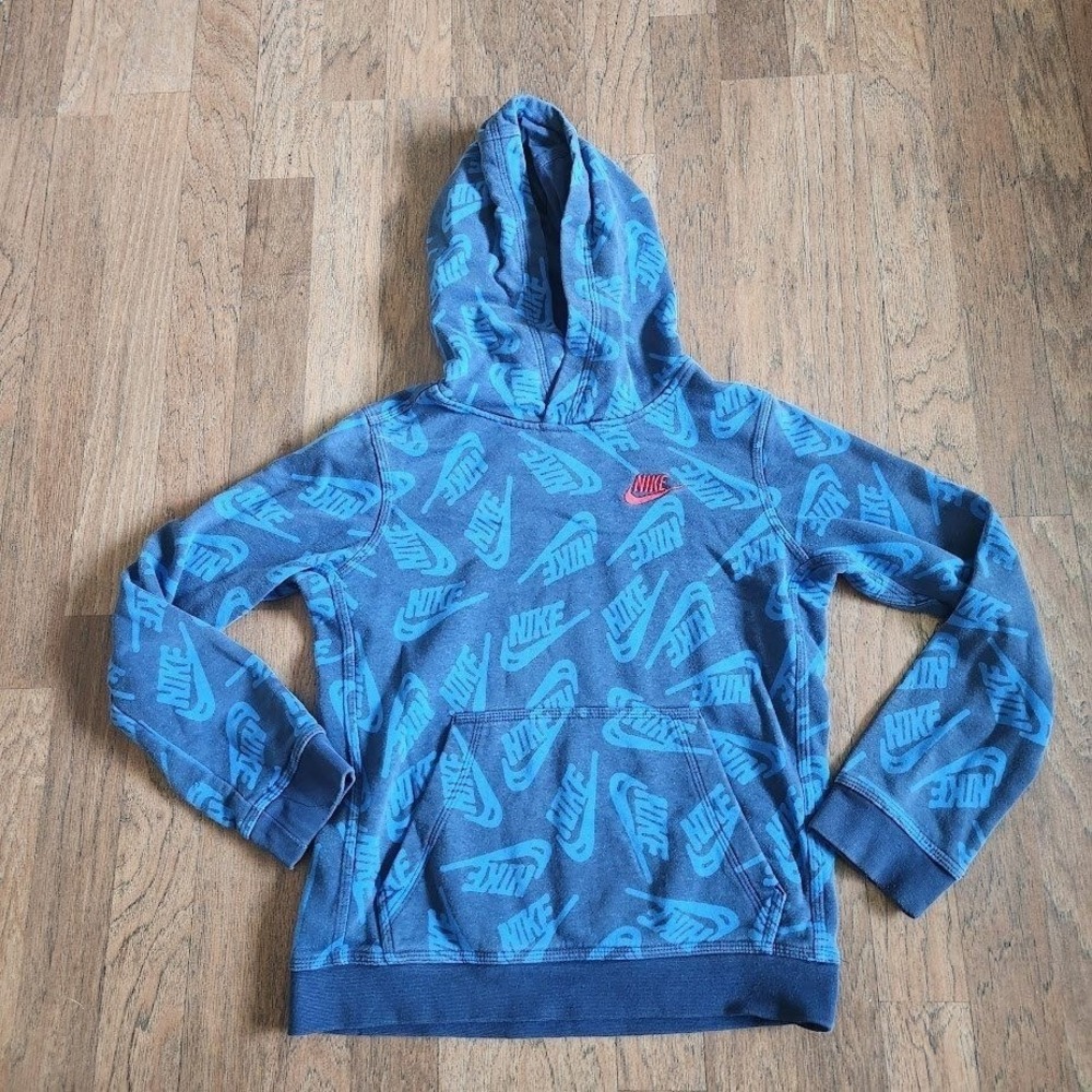Nike Boys All Over Print Logo Hoodie Navy Blue Pullover Sweatshirt Size Med 301